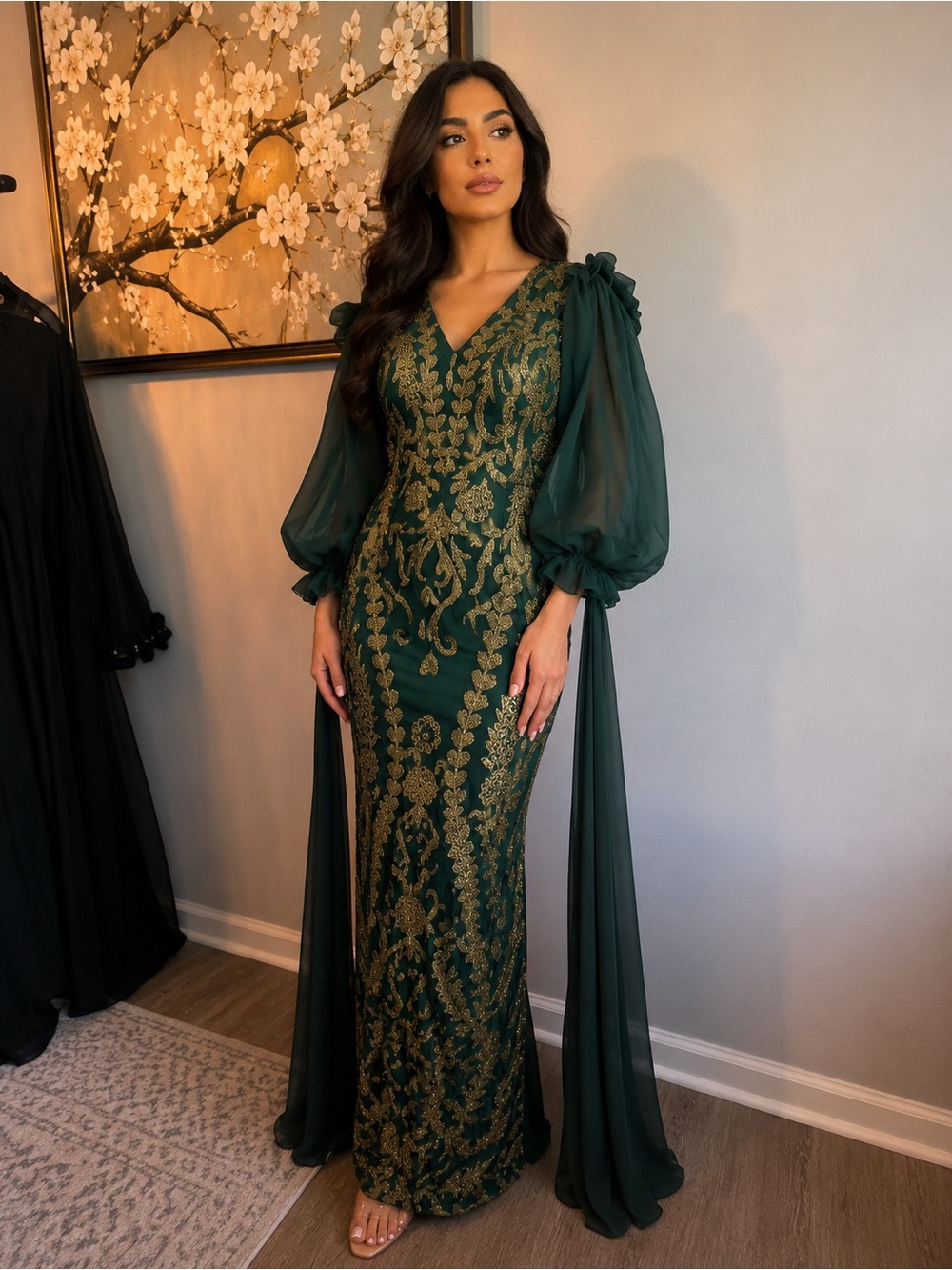 Embellished Emerald Green Maxi Dress with Gold Accents